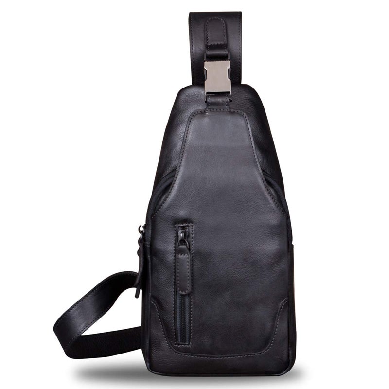 IVTG Genuine Leather Sling Bag for Men Chest Shoulder Crossbody Hiking Backpack Vintage Handmade Daypack (Black) - Image 2